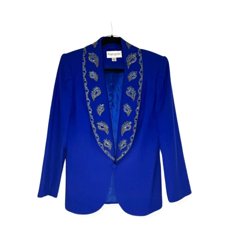 John Meyer of Norwich Vintage Cobalt Blue Blazer with Beaded Removable Collar